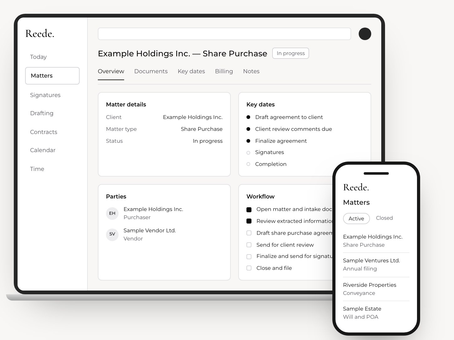 Reede on a laptop and a phone: a share purchase matter with its parties, key dates and workflow checklist, and a list of open matters.