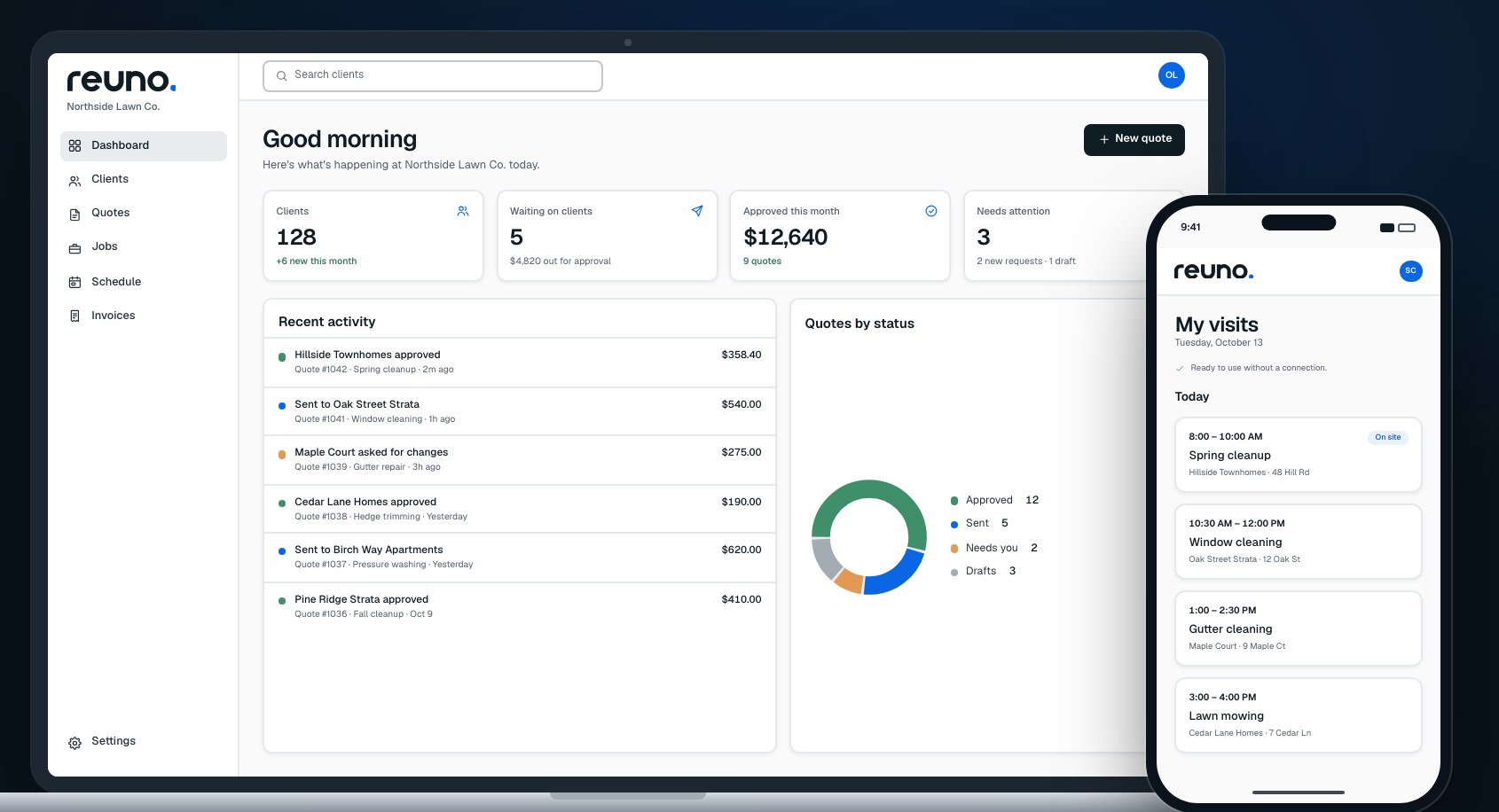 Reuno's dashboard on a laptop — clients, quotes awaiting approval and recent activity — beside the crew app on a phone listing the day's visits.