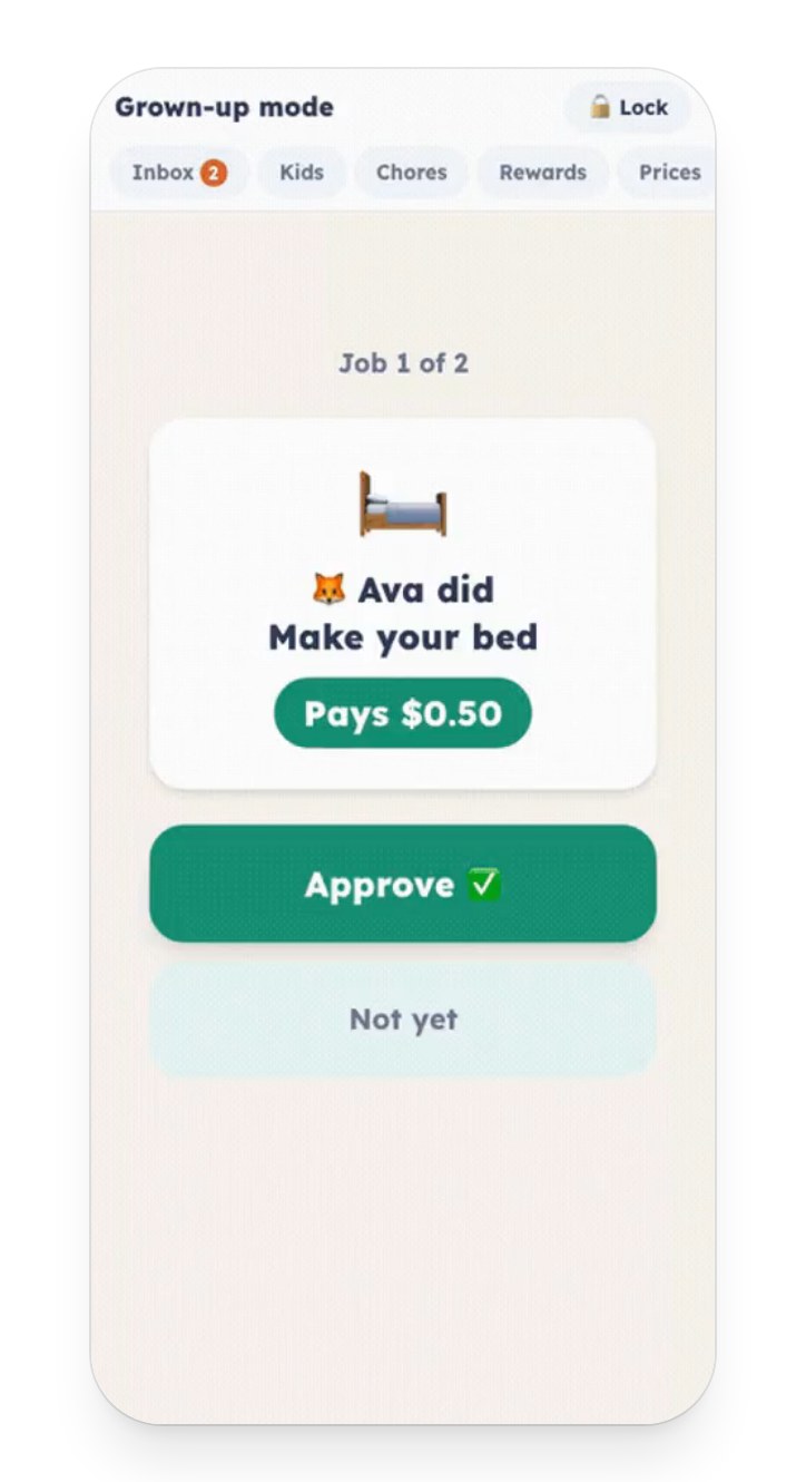 Sock Market's grown-up mode on a phone: a child's completed chore, “Make your bed”, waiting for a parent to approve its fifty-cent payment.